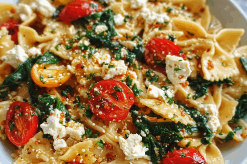Pasta with Feta Cheese, Cherry Tomatoes, and Spinach