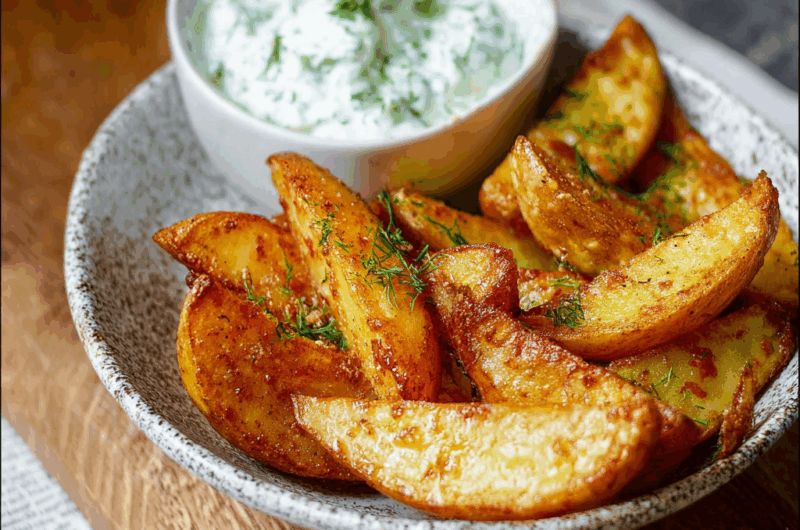 Crispy Potato Wedges with Creamy Cucumber Dip